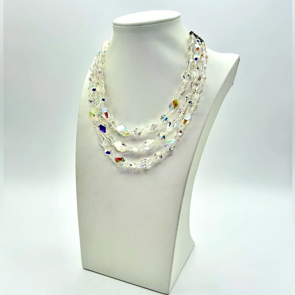 SOLD. Elegant Vintage Triple Strand Glass Necklace - Picture 1 of 3